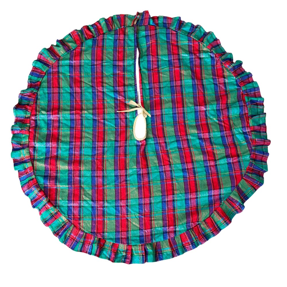Vintage plaid metallic taffeta tree‎ skirt  Ruffled hem red green purple 42"